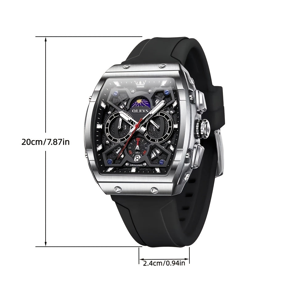 OLEVS Men's Sports Watch, Timing, Tachometer, Moon Phase Calendar Clock, Barrel-Shaped Large Dial, Casual Quartz Men's Watch, Ideal Gift Choice