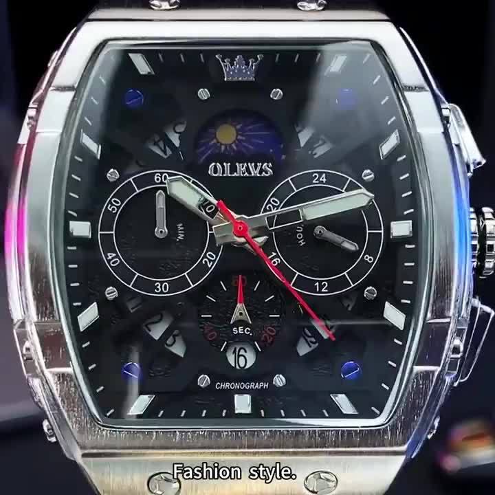 OLEVS Men's Sports Watch, Timing, Tachometer, Moon Phase Calendar Clock, Barrel-Shaped Large Dial, Casual Quartz Men's Watch, Ideal Gift Choice