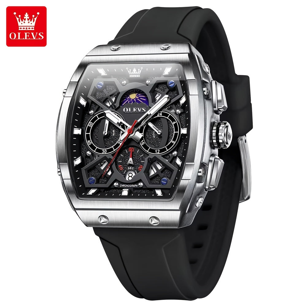 OLEVS Men's Sports Watch, Timing, Tachometer, Moon Phase Calendar Clock, Barrel-Shaped Large Dial, Casual Quartz Men's Watch, Ideal Gift Choice