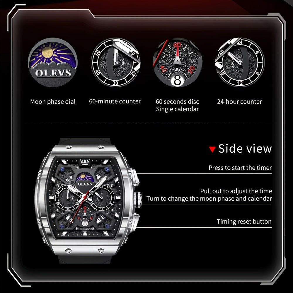 OLEVS Men's Sports Watch, Timing, Tachometer, Moon Phase Calendar Clock, Barrel-Shaped Large Dial, Casual Quartz Men's Watch, Ideal Gift Choice