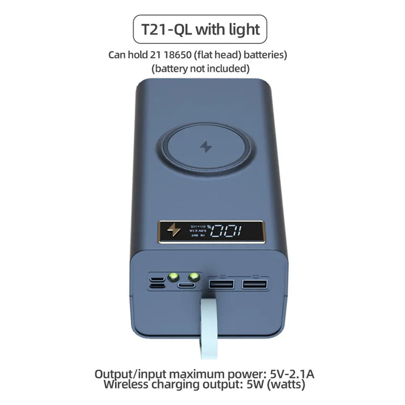 T21 Battery Storage Box 21*18650 with Flashlight Power Bank Case Battery Holder Box Dual USB 18650 Battery DIY Shell Storage