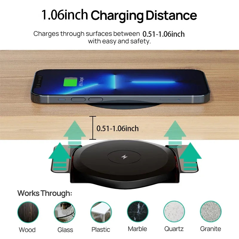Invisible Wireless Charger 27mm Under Table Charger Furniture Fast Desk Wireless Charging Station for iPhone 15/14/13/12 Samsung