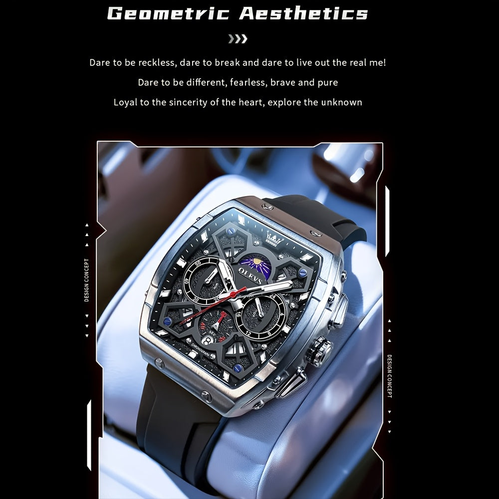 OLEVS Men's Sports Watch, Timing, Tachometer, Moon Phase Calendar Clock, Barrel-Shaped Large Dial, Casual Quartz Men's Watch, Ideal Gift Choice