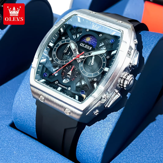 OLEVS Men's Sports Watch, Timing, Tachometer, Moon Phase Calendar Clock, Barrel-Shaped Large Dial, Casual Quartz Men's Watch, Ideal Gift Choice