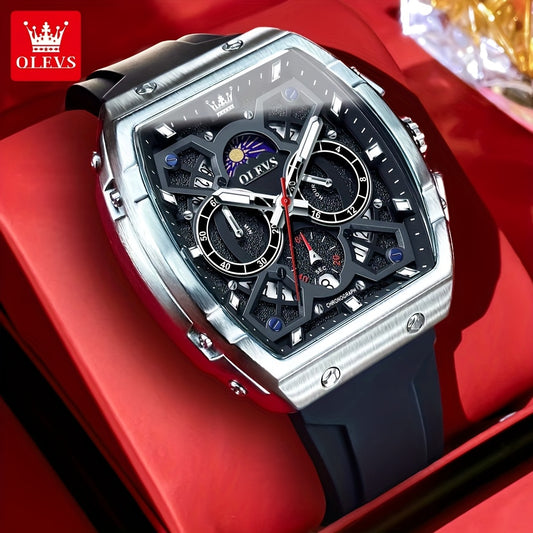 OLEVS Men's Sports Watch, Timing, Tachometer, Moon Phase Calendar Clock, Barrel-Shaped Large Dial, Casual Quartz Men's Watch, Ideal Gift Choice