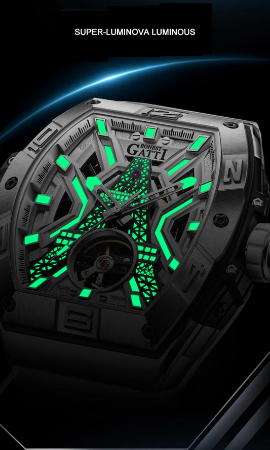 BONEST GATTI Men Luxury Watch 42mm Tonneau Case Automatic Mechanical Wristwatch Waterproof Sapphire Luminous Fluororubber Strap