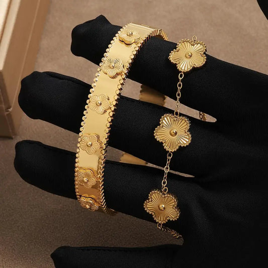 RAKOL Miniamlist 316L 18k Gold Plated Flower Bracelet Plum Blossom Cuban Chain Bracelets For Women Daily Workday Jewelry Gift