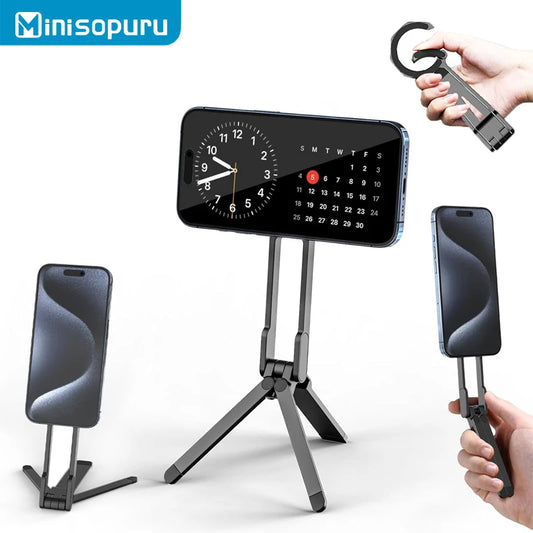 Minisopuru Magnetic Phone Tripod Stand Mini Portable Cell Phone Holde Aluminium Dual-sided Magnetic Smartphone Mount for iPhone